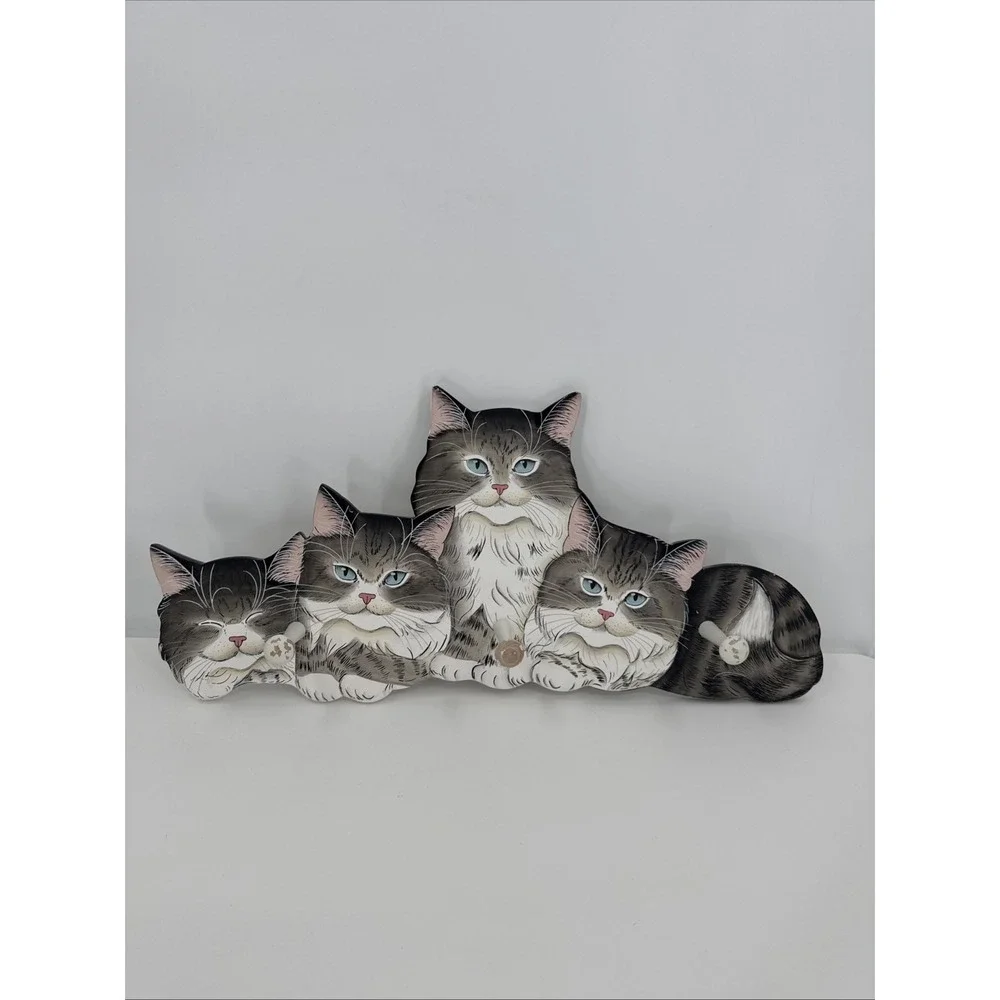CATS Coat Hat‎ Purse Hanger Rack Wall Mount Wood Hand Painted Kitties VTG MEOW